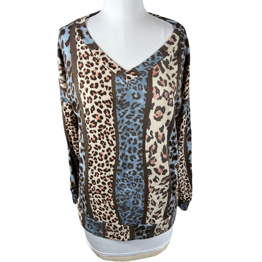 Sew In Love Women Blue Brown Leopard Print‎ V-Neck Long Sleeve Top M/L